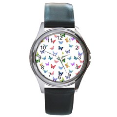 Cute Bright Butterflies Hover In The Air Round Metal Watch by SychEva