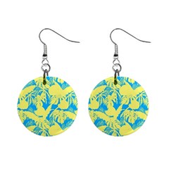 Yellow And Blue Leafs Silhouette At Sky Blue Mini Button Earrings