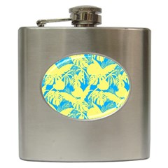 Yellow And Blue Leafs Silhouette At Sky Blue Hip Flask (6 Oz) by Casemiro