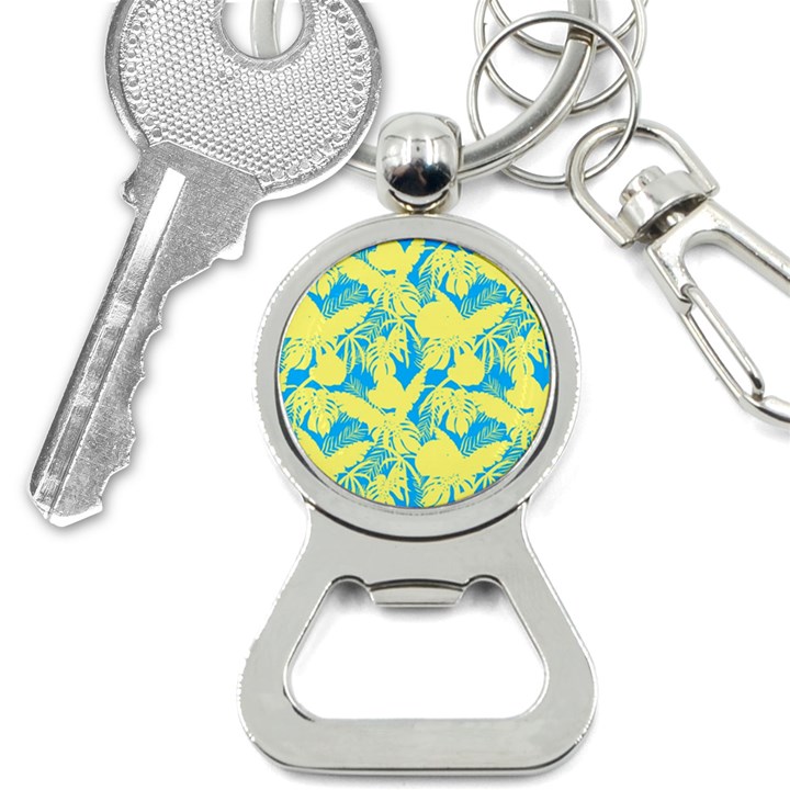 Yellow and blue leafs silhouette at sky blue Bottle Opener Key Chain