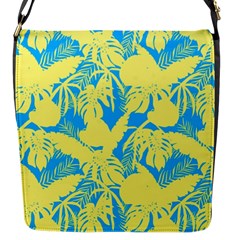 Yellow And Blue Leafs Silhouette At Sky Blue Flap Closure Messenger Bag (s) by Casemiro