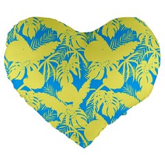 Yellow And Blue Leafs Silhouette At Sky Blue Large 19  Premium Flano Heart Shape Cushions by Casemiro