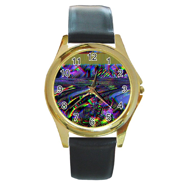 Unadjusted Tv Screen Round Gold Metal Watch