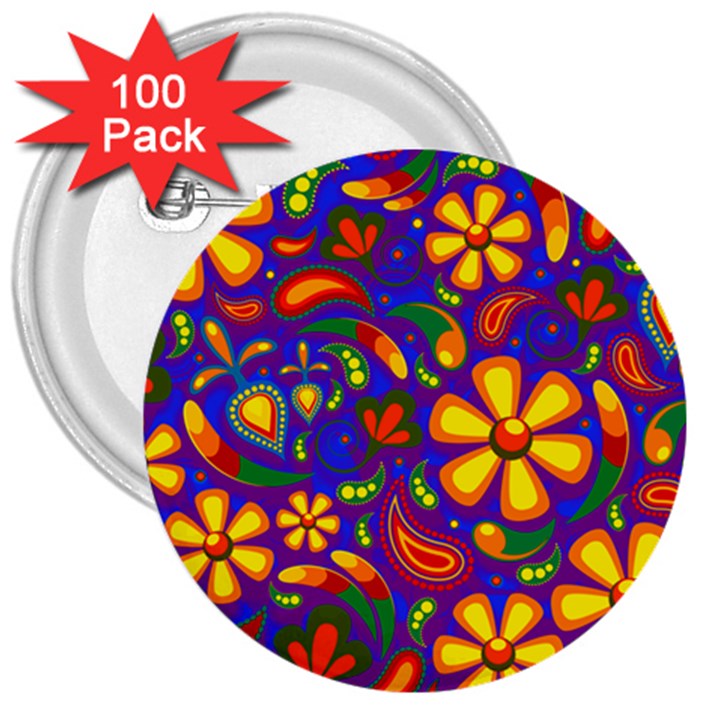 Gay Pride Rainbow Floral Paisley 3  Buttons (100 pack) 