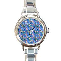 Multicolored Butterflies Fly On A Blue Background Round Italian Charm Watch by SychEva