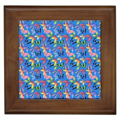 Multicolored Butterflies Fly On A Blue Background Framed Tile by SychEva