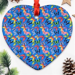 Multicolored Butterflies Fly On A Blue Background Ornament (heart) by SychEva