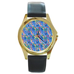 Multicolored Butterflies Fly On A Blue Background Round Gold Metal Watch by SychEva