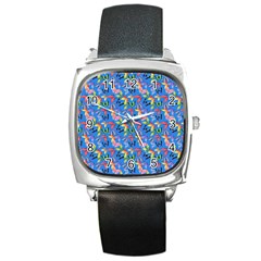 Multicolored Butterflies Fly On A Blue Background Square Metal Watch by SychEva