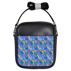 Multicolored Butterflies Fly On A Blue Background Girls Sling Bag by SychEva