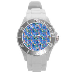 Multicolored Butterflies Fly On A Blue Background Round Plastic Sport Watch (l) by SychEva