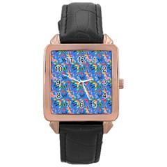 Multicolored Butterflies Fly On A Blue Background Rose Gold Leather Watch  by SychEva