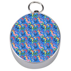 Multicolored Butterflies Fly On A Blue Background Silver Compasses by SychEva