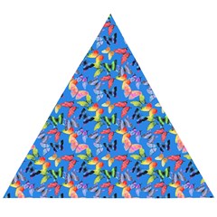 Multicolored Butterflies Fly On A Blue Background Wooden Puzzle Triangle by SychEva