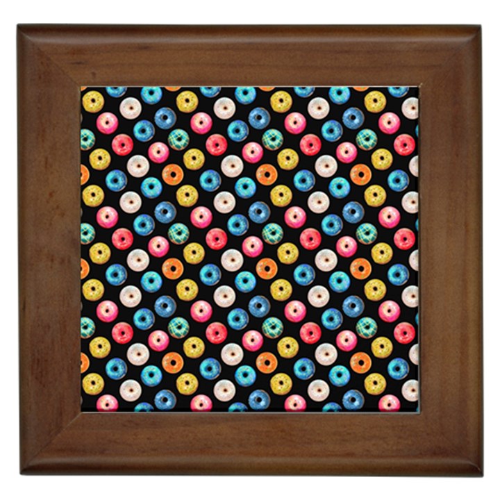 Multicolored Donuts On A Black Background Framed Tile