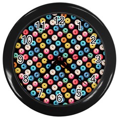 Multicolored Donuts On A Black Background Wall Clock (black) by SychEva