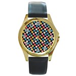 Multicolored Donuts On A Black Background Round Gold Metal Watch Front