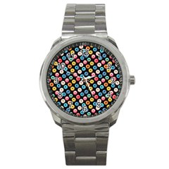 Multicolored Donuts On A Black Background Sport Metal Watch by SychEva