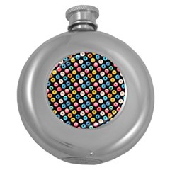 Multicolored Donuts On A Black Background Round Hip Flask (5 Oz) by SychEva