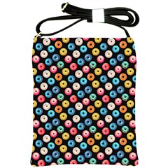 Multicolored Donuts On A Black Background Shoulder Sling Bag by SychEva