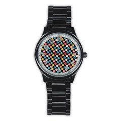 Multicolored Donuts On A Black Background Stainless Steel Round Watch by SychEva