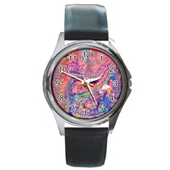 Painted Feathers Round Metal Watch by kaleidomarblingart