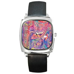 Painted Feathers Square Metal Watch by kaleidomarblingart