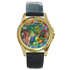 Intricate Painted Swirls Round Gold Metal Watch by kaleidomarblingart