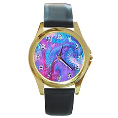 Blue on violet feathers Round Gold Metal Watch