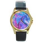 Blue on violet feathers Round Gold Metal Watch Front