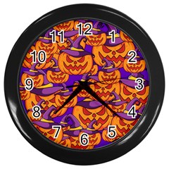 Purple And Orange Pumpkins, Crazy Halloween Pattern, Jack O  Lantern Wall Clock (black) by Casemiro