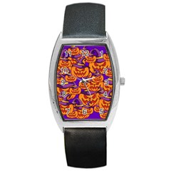 Purple And Orange Pumpkins, Crazy Halloween Pattern, Jack O  Lantern Barrel Style Metal Watch by Casemiro