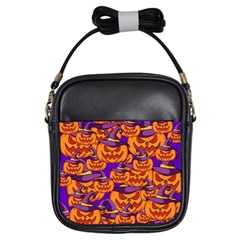 Purple And Orange Pumpkins, Crazy Halloween Pattern, Jack O  Lantern Girls Sling Bag by Casemiro