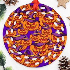 Purple And Orange Pumpkins, Crazy Halloween Pattern, Jack O  Lantern Round Filigree Ornament (two Sides)