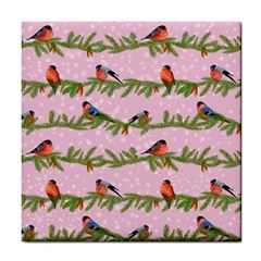 Bullfinches Sit On Branches On A Pink Background Tile Coaster by SychEva