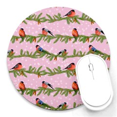 Bullfinches Sit On Branches On A Pink Background Round Mousepads by SychEva