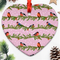 Bullfinches Sit On Branches On A Pink Background Ornament (heart) by SychEva