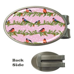 Bullfinches Sit On Branches On A Pink Background Money Clips (oval)  by SychEva