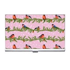 Bullfinches Sit On Branches On A Pink Background Business Card Holder by SychEva