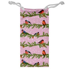 Bullfinches Sit On Branches On A Pink Background Jewelry Bag by SychEva