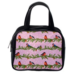 Bullfinches Sit On Branches On A Pink Background Classic Handbag (one Side) by SychEva