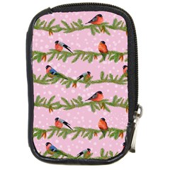 Bullfinches Sit On Branches On A Pink Background Compact Camera Leather Case by SychEva