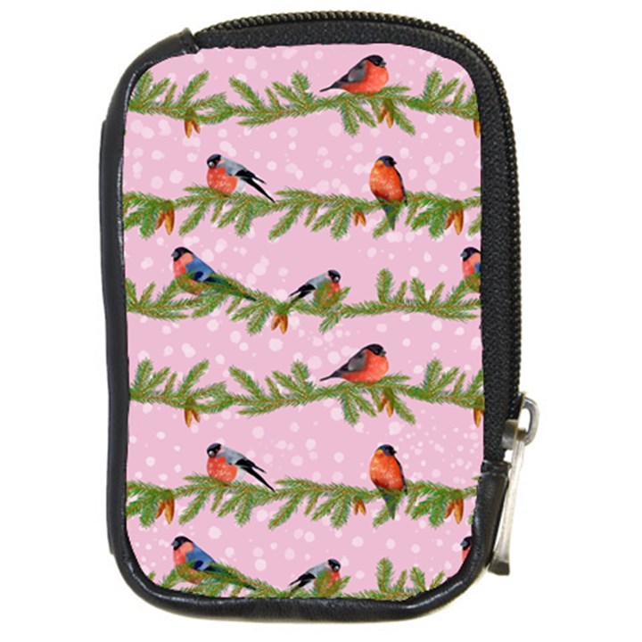 Bullfinches Sit On Branches On A Pink Background Compact Camera Leather Case