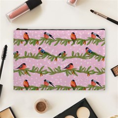 Bullfinches Sit On Branches On A Pink Background Cosmetic Bag (large) by SychEva