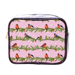 Bullfinches Sit On Branches On A Pink Background Mini Toiletries Bag (one Side) by SychEva