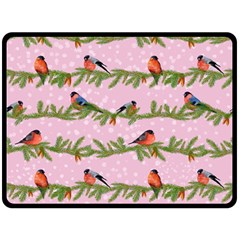 Bullfinches Sit On Branches On A Pink Background Fleece Blanket (large)  by SychEva