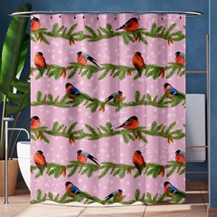 Bullfinches Sit On Branches On A Pink Background Shower Curtain 60  X 72  (medium)  by SychEva