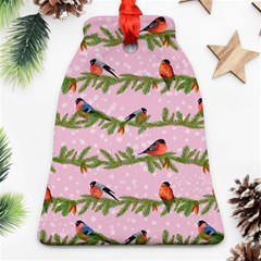 Bullfinches Sit On Branches On A Pink Background Bell Ornament (two Sides) by SychEva