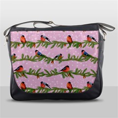 Bullfinches Sit On Branches On A Pink Background Messenger Bag by SychEva