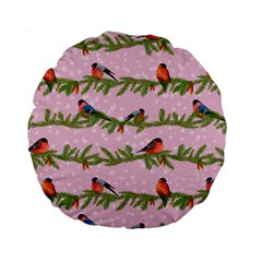 Bullfinches Sit On Branches On A Pink Background Standard 15  Premium Round Cushions by SychEva